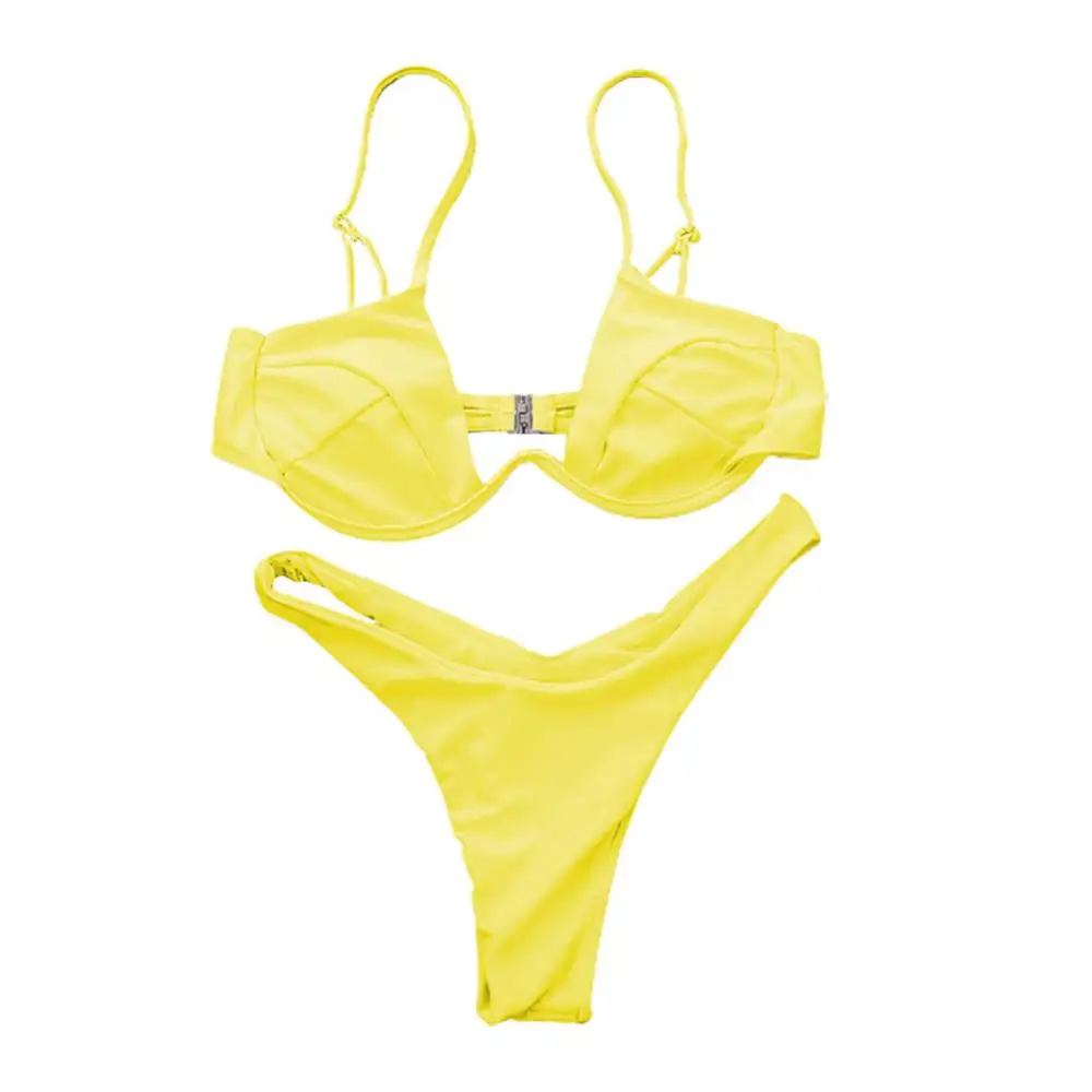 Bikini Set Underwire Sexy Solid Color Women Swimsuit Bikini Bra Underwired G-string Briefs Beach Set