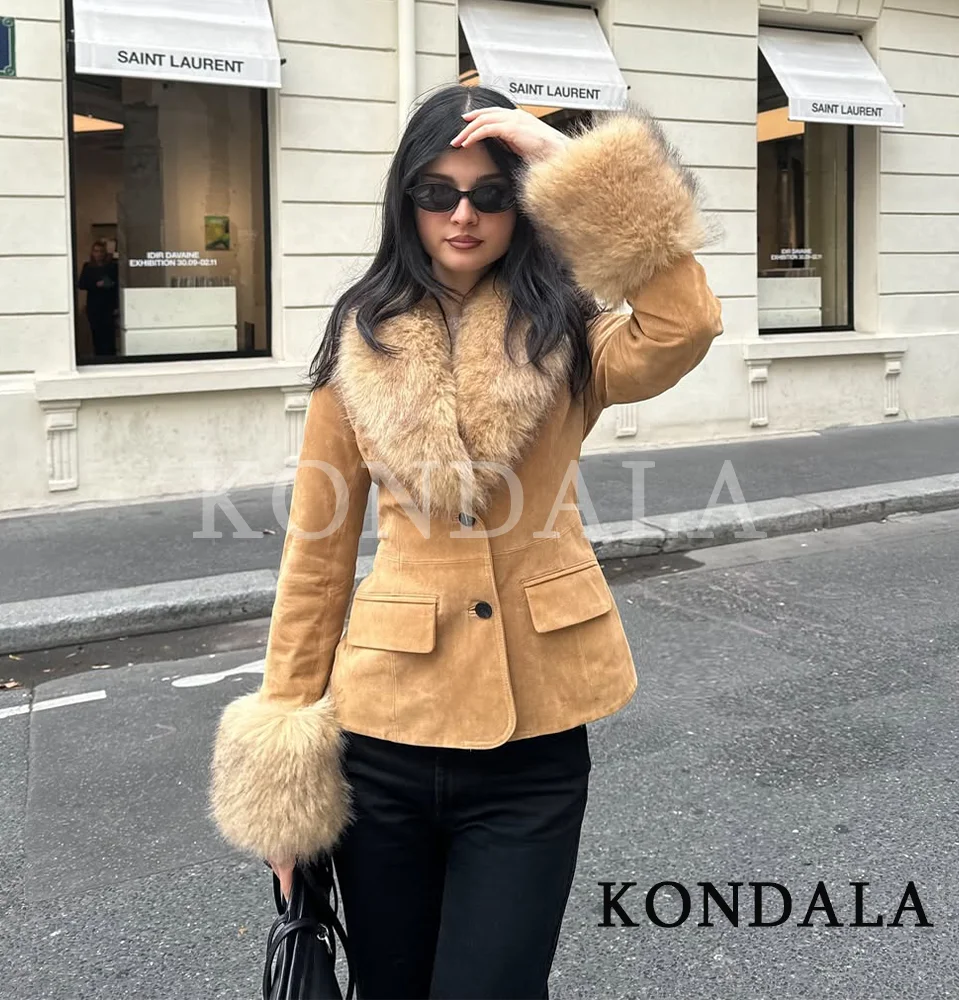 

KONDALA Fall Fur Collar Suede Blazer Women's Elegant Buttons Slim Suit Jacket 2025 Autumn Fashion High Street Faux Fur Blazer