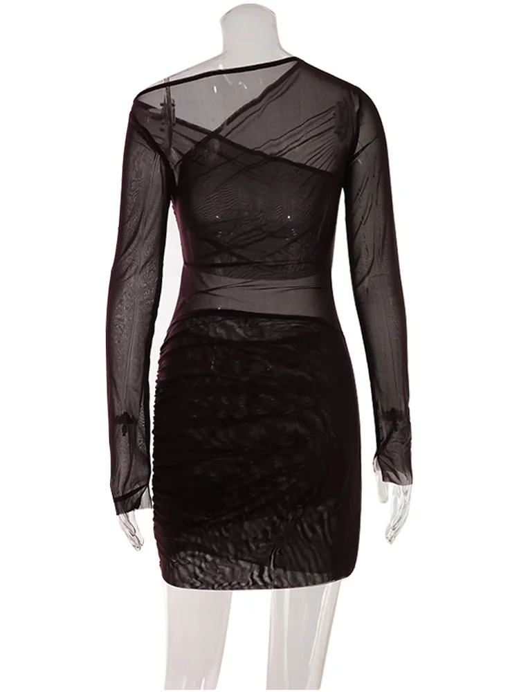 Effen Jurken Voor Vrouwen Mode Sexy Streetwear O-hals Volledige Mouwen Backless Sheer Bodycone Mini Vestidos Gewaden Vrouwelijke Partywear