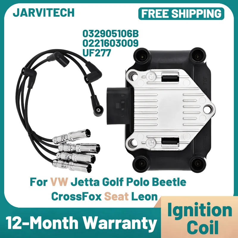 

New Car Ignition Coil 032905106B UF277 With Ignition Spark Plugs Leads Wires For VW Jetta Golf Polo Beetle CrossFox Seat Leon