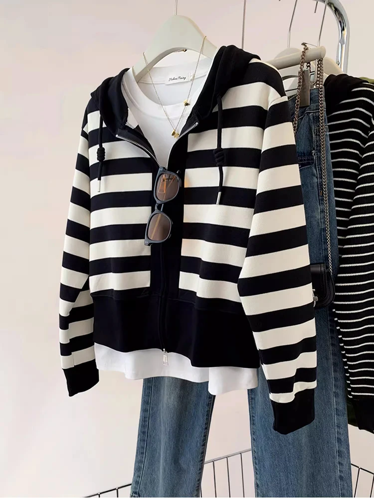 Korean Fashion Contrast Striped Knit Hooded Sweater For Women Autumn Winter Lazy Style Casual Zipper Hooded Cardigan