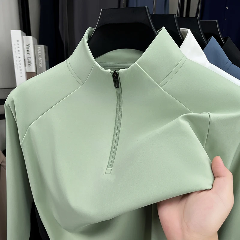 

Premium half zipper stand collar long sleeve T-shirt men spring autumn silky smooth comfort Korean style trend casual sweatshirt
