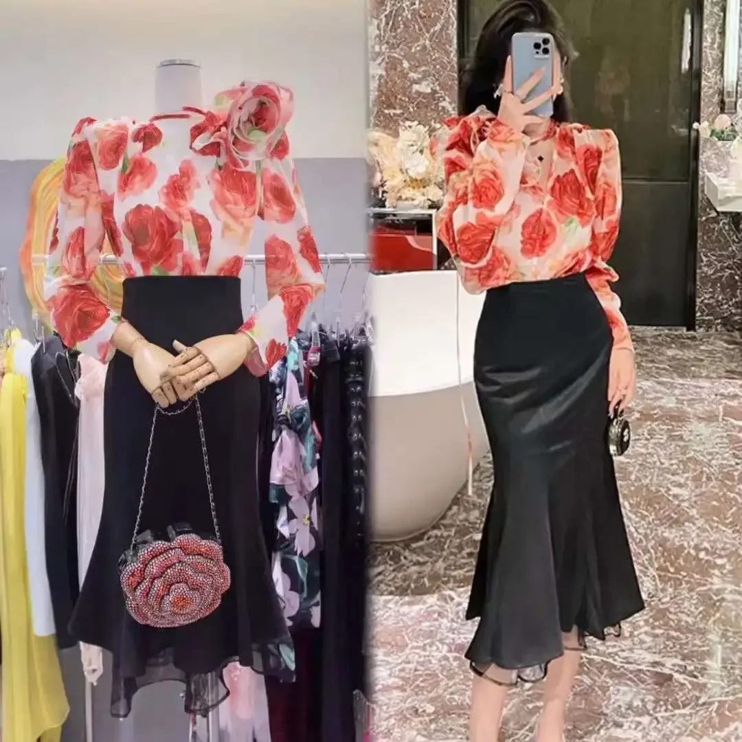 

Fashionable Retro Style Handmade Large Flower Pink Shirt Spring Summer New Arrival Slim Fit V-Neck Full Sleeve Women's Shirt