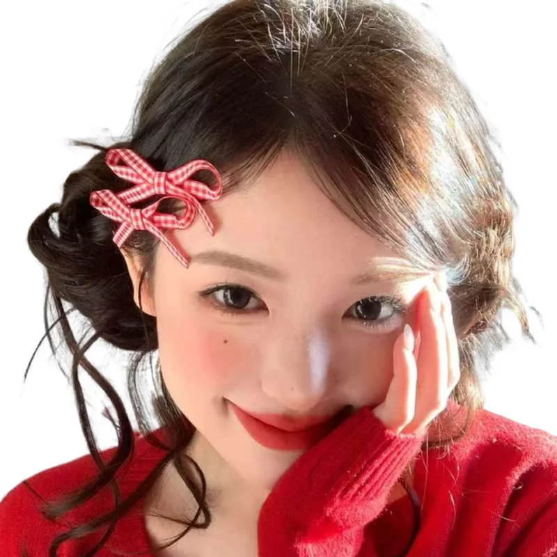

Japanese Sweet Red Checkered Bow Hair Clip Loli Style Side Bangs Duckbill Versatile Hair Accessory for Women And Children