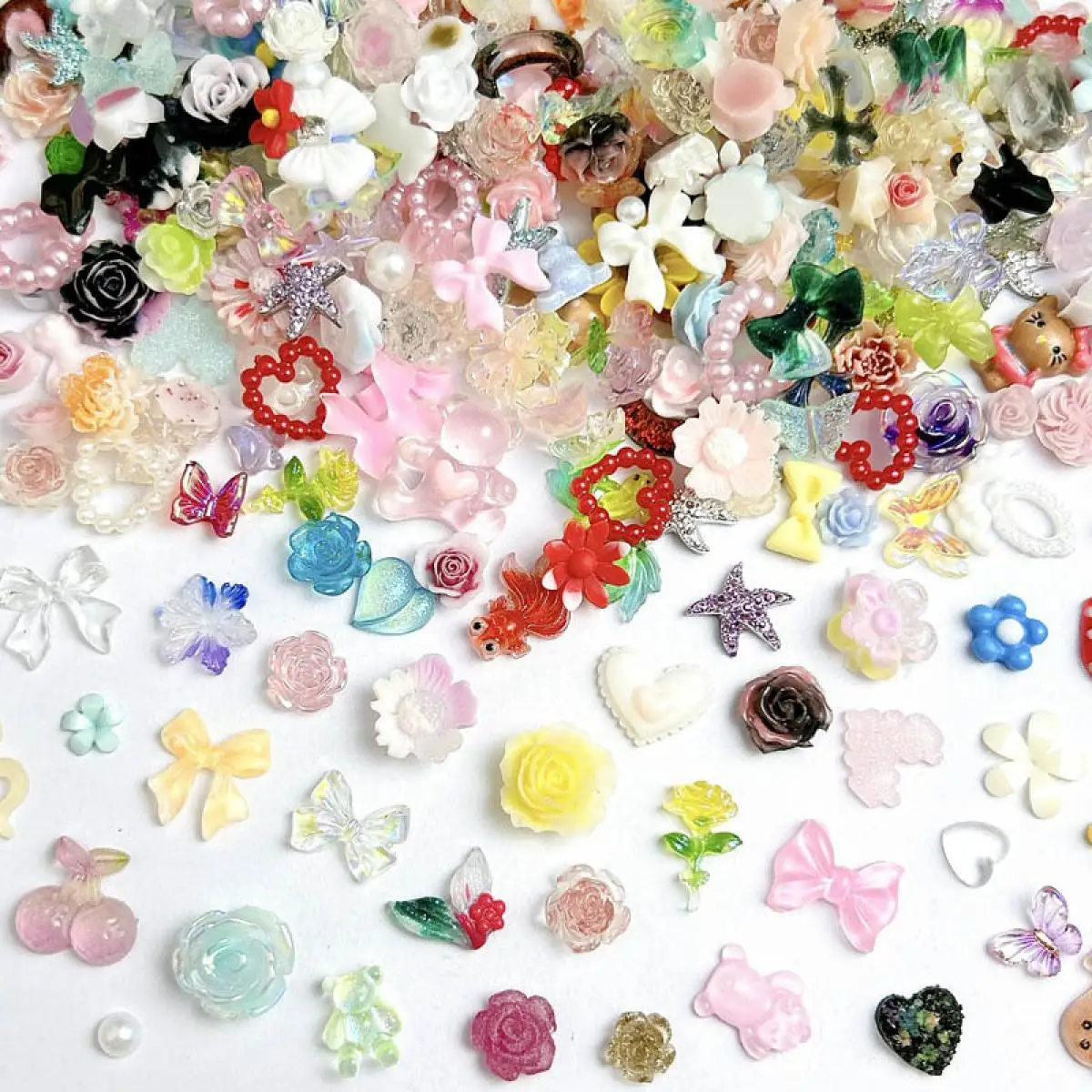 50PCS Random Mixed Bow Heart Flower Nail Charms Hollowed Star Simulated Cookies Fruits Hybrid Resin Nail Art Decorations for DIY