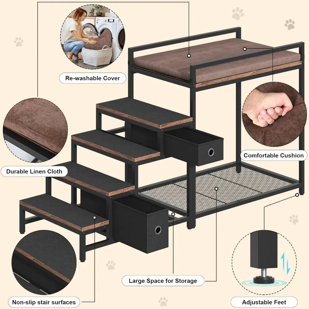 

Pet Bunk Bed with Removable Stairs and 2 Drawers, Dogs/Cats Window Perch, Dog Window Seat with Soft Cushion, Ultra-Shallow Steps