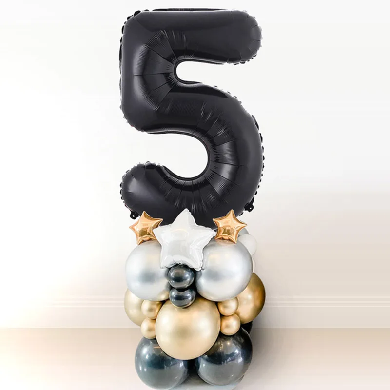 23pcs Chrome Gold Black Number Foil Balloons 1st Birthday Party Decorations Kids Boy Girl 1 2 3 4 5 6 7 8 9 Year Old Supplies