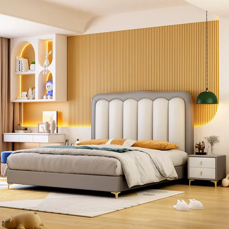 for Modern Simple Kids Bed Skin-friendly Silicone Leather Dirt-resistant Easy to Clean Solid Wood Soft Bed for Girl Boy