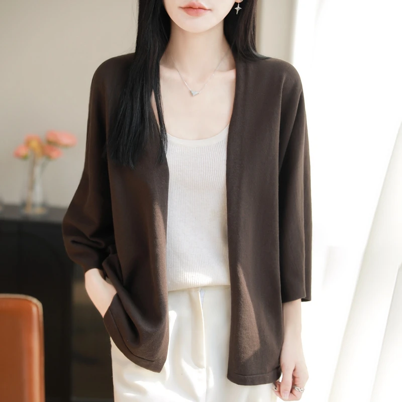 

100%pure cotton loose knit cardigan for women summer outdoor leisure V-neck long sleeved soft comfortable Korean style outerwear