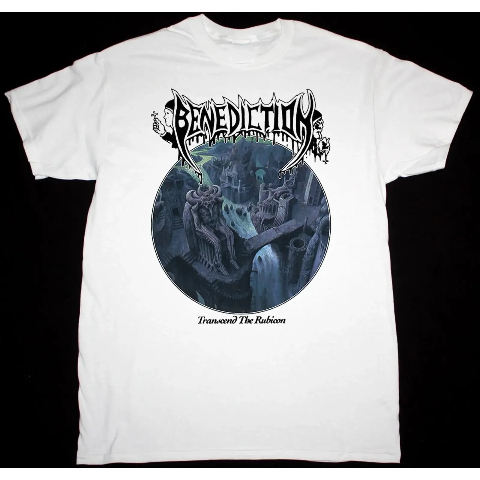 BENEDICTION TRANSCEND THE RUBICON T-shirt blanc toutes tailles AR915 vintage lavé, tendance, confortable, polyvalent, légèrement respirant