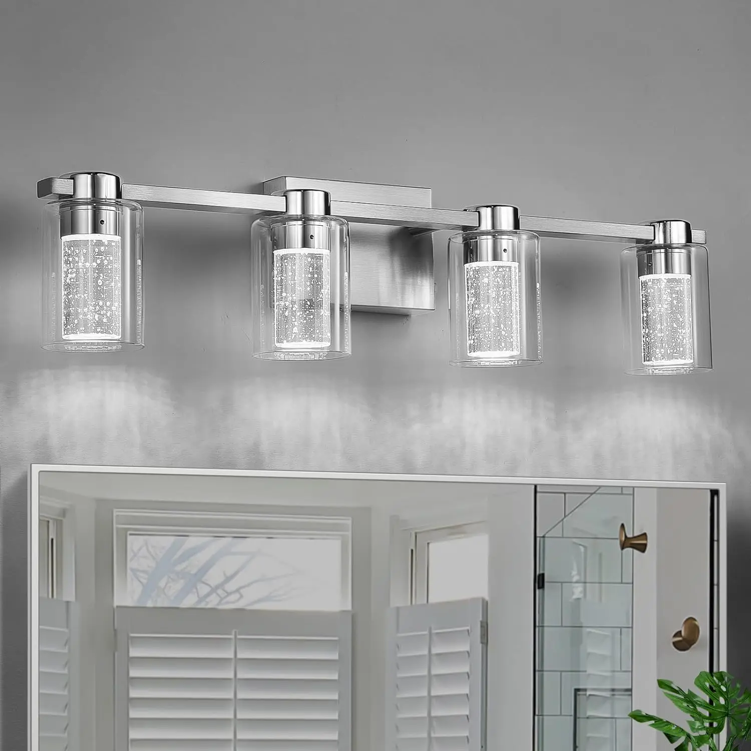 

4-Light Bathroom Fixtures, Brushed Nickel Vanity Lights, Dimmable LED Bathroom Vanity Over Mirror, Modern Crystal Vanity