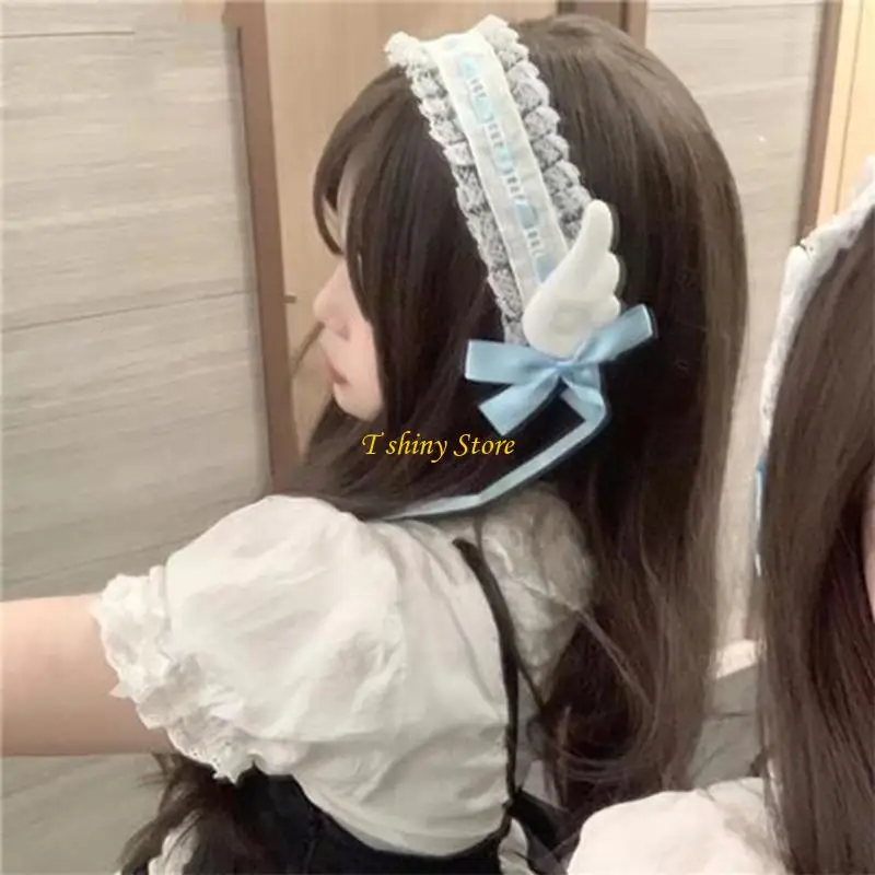 N58f Women Hair Bands Maid Cosplay Band Band Lolitas en dentelle lace avec des ailes mignonnes, décorations à bowknot