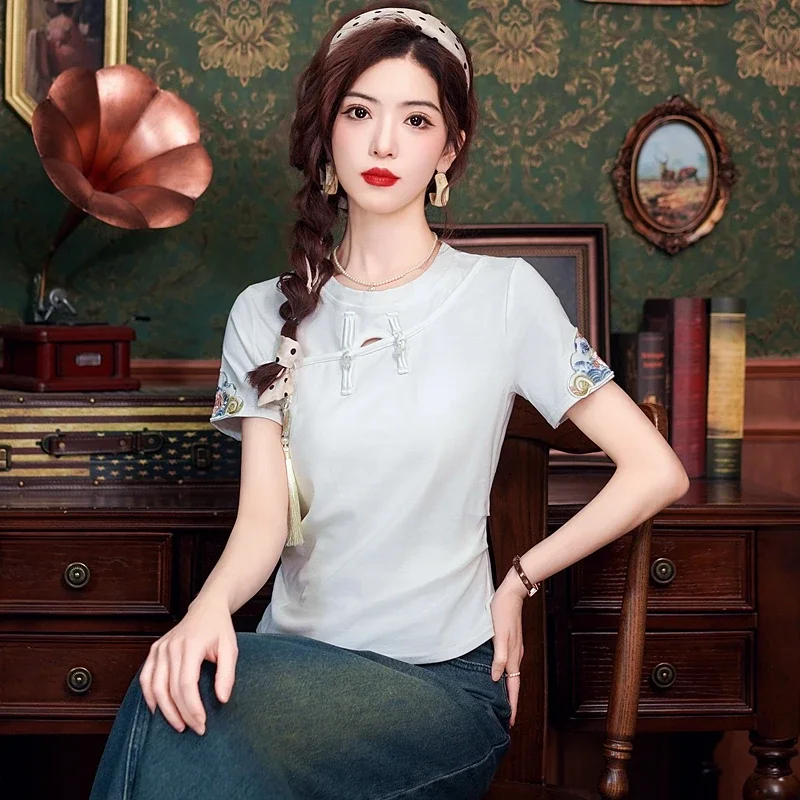 Summer Short Sleeve White Blouse Women Tops Fashion Embroidery O-Neck Women Blouse Shirt Blusas Mujer De Moda 2024 Verano H598