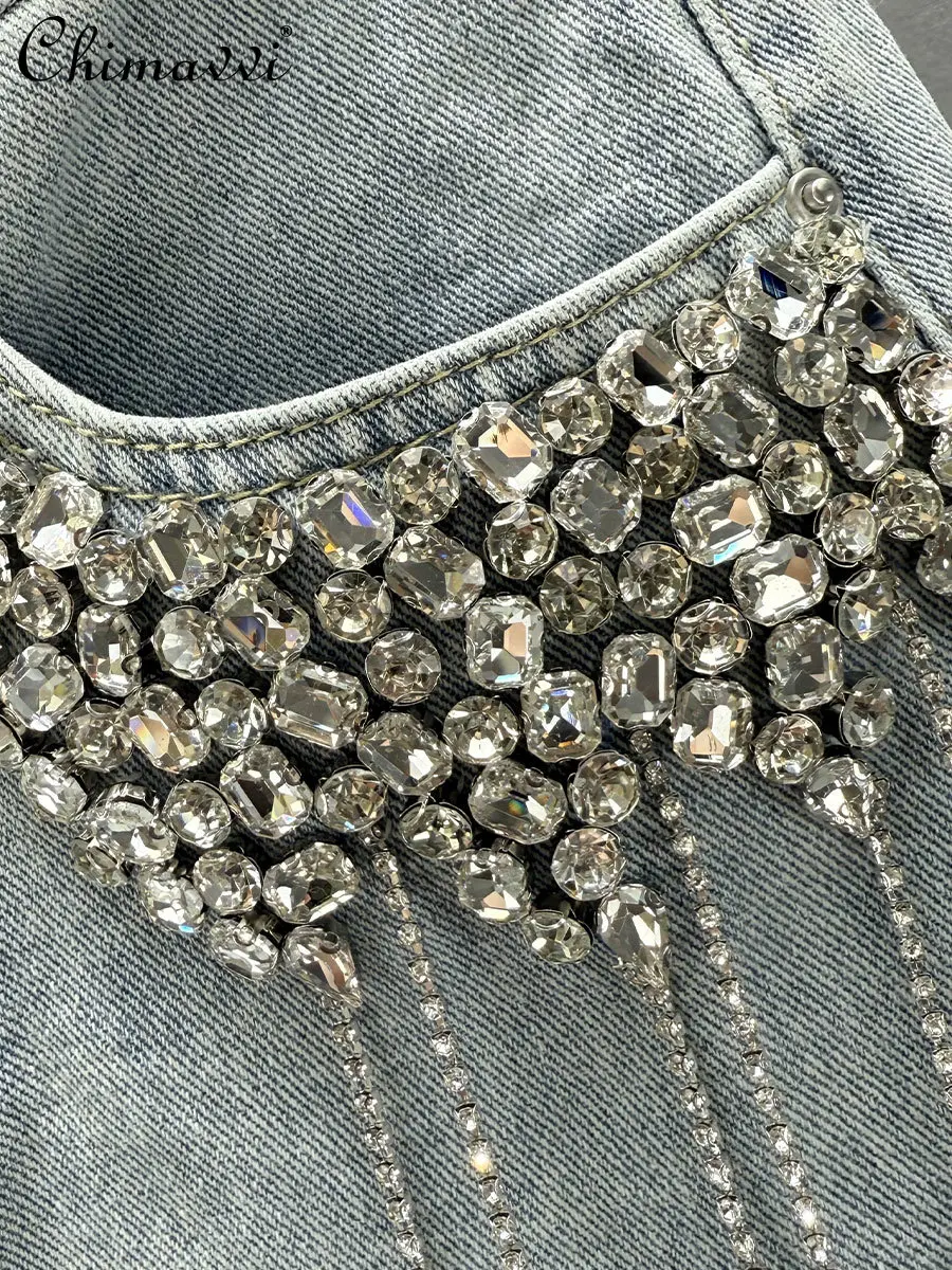 ヘビーダイヤモンドフリンジデニムショーツ女性の 2025 夏服新ファッションハイウエストスリムフィットヨーロッパワイドレッグホットパンツ