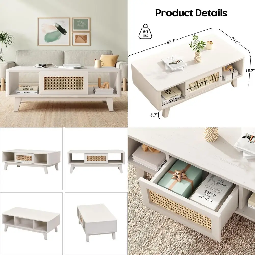 

Mid Century Modern Storage Coffee Table, Square Rattan Drawer Accent Table, Wooden Living Room Furniture with Storage for Contem