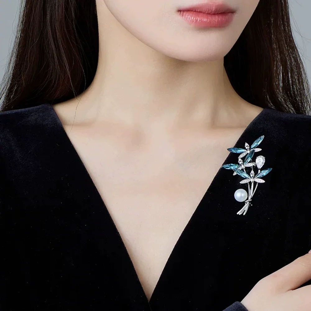 Ajojewel Blue Crystal Drangonfly Brooch Wedding Boutonniere Clothes Jewelry With Insects