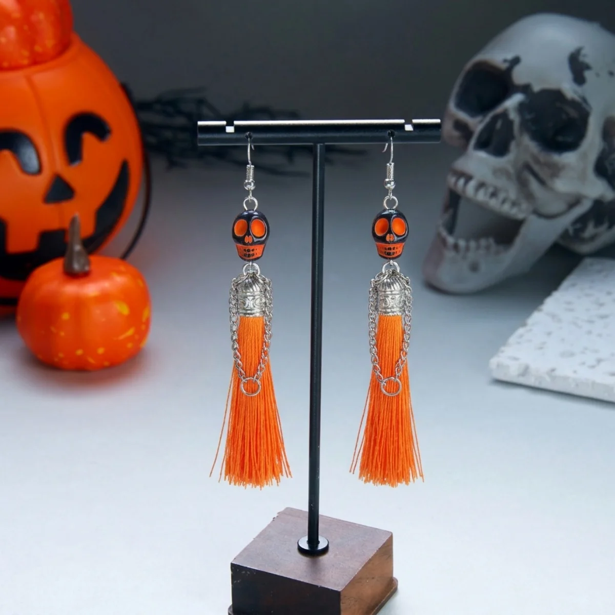 Halloween-Ohrringe mit bunten Quasten und Totenkopf-Anhänger für Damen, Punk-Street-Vintage-Cosplay-Ohrringe mit Skelett-Motiv, Schmuck – Detail 25