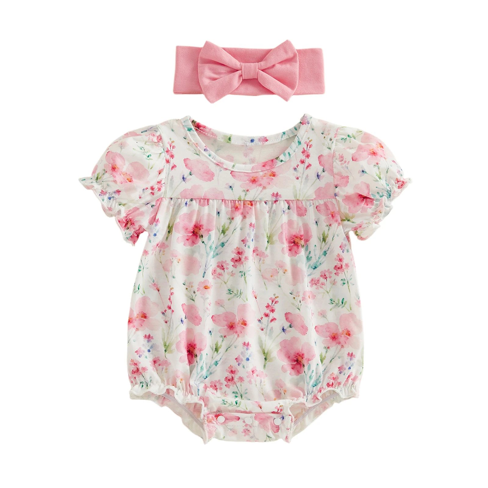 

Комплект из 2 предметов для маленьких девочек: очаровательный комбинезон с цветочным принтом, короткими рукавами и круглым вырезом, а также повязка на голову