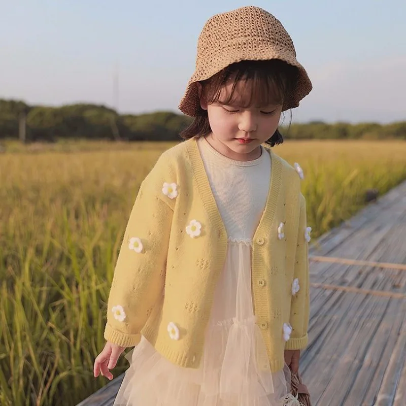 

Spring and Autumn Girls' Baby Flower Sweater Cardigan 1-7Years Kids' Knitted Sweater Fashion Children's Clothing Spring Coat