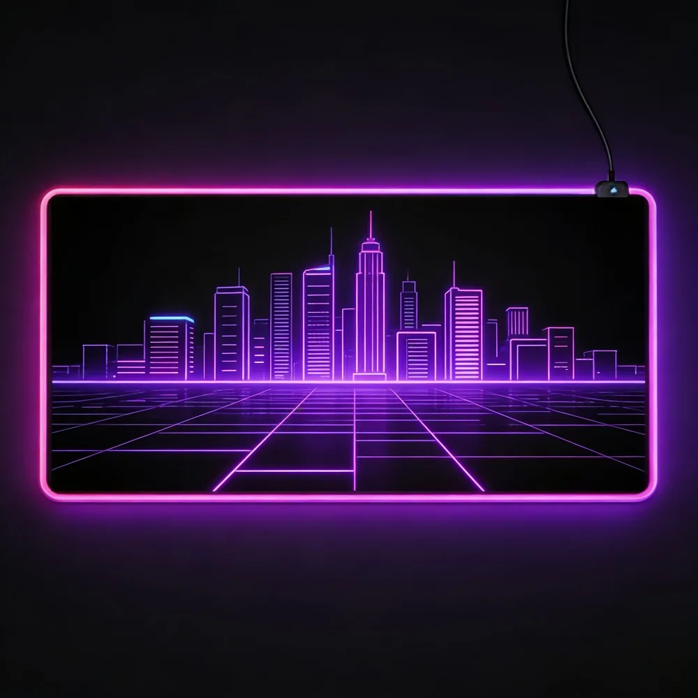 

Cyberpunk City Skyline RGB Gaming Mouse Pad Large Desk Mat, 360° Purple RGB Lighting 12 Modes Non-Slip LED Mousepad