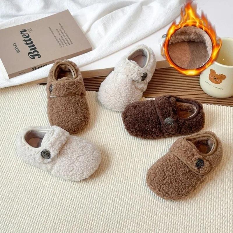Toddler Fuzzy Fleece Slippers Winter Shoes, Kids Warm Closed Back Slippers with Rose Button, Indoor Shoes for Baby Girls Boys