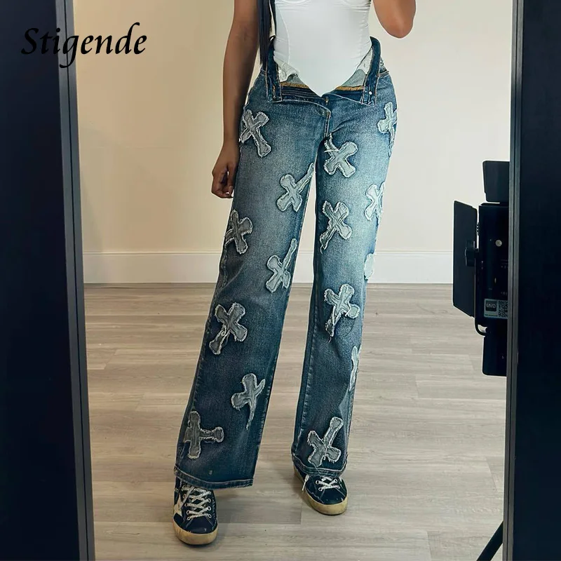 Stigende Patchwork Cross Jeans Y2k Women Wide Leg Ripped Denim Pants Stretch Distressed Jeans