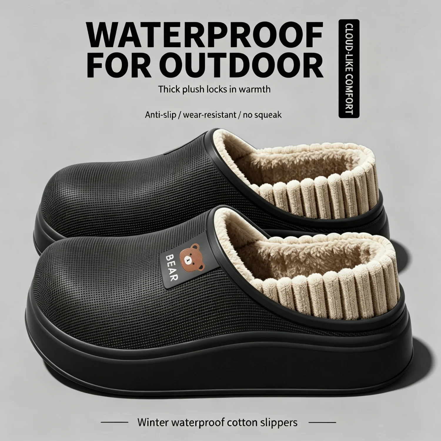 Wasserdichte Winter-Hausschuhe für Damen und Herren, 4 cm dicke Sohle, flauschig warm, für den Innenbereich, rutschfest, mit Fell gefüttert, weiche, gepolsterte Clogs. – Detail 7