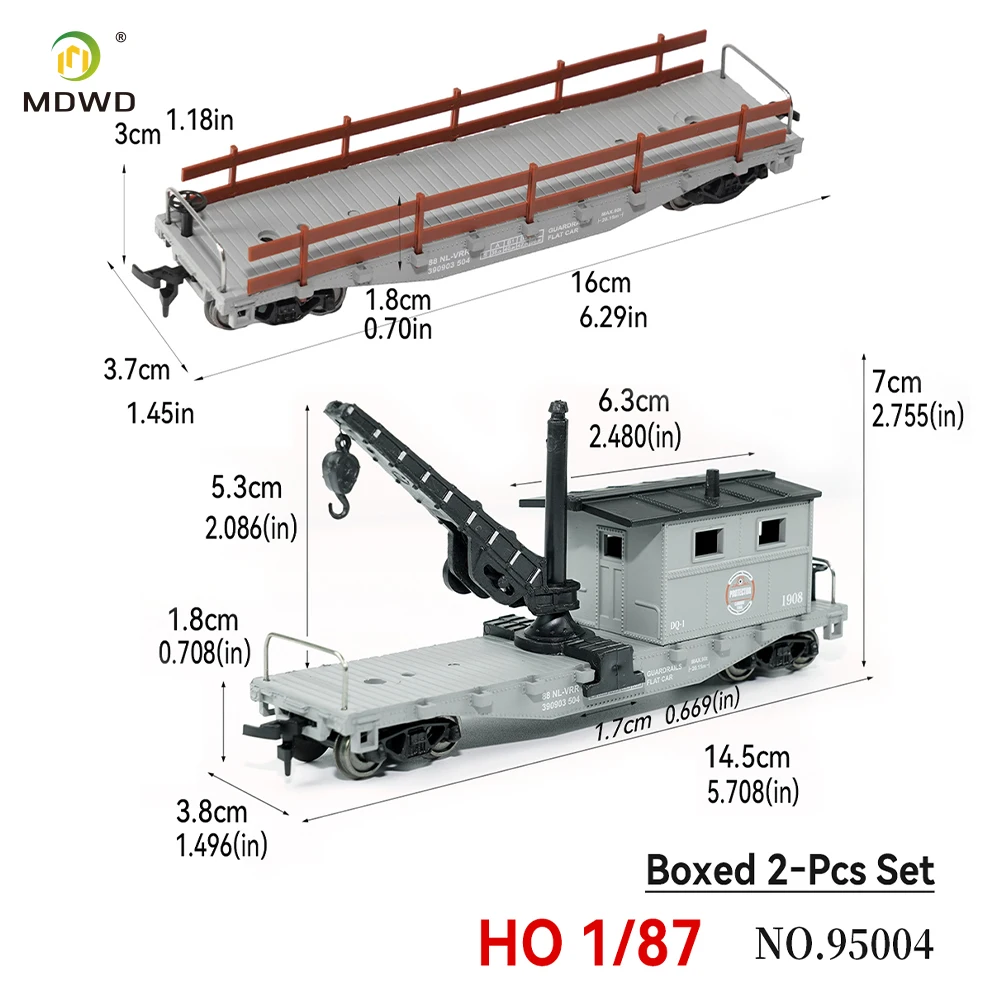 HO Scale 1:87 Train Car 2Pcs Set,Crane Caboose&Flat Wagon with Railings,Railway Model Railroad Sand Table Scene Collection Toy
