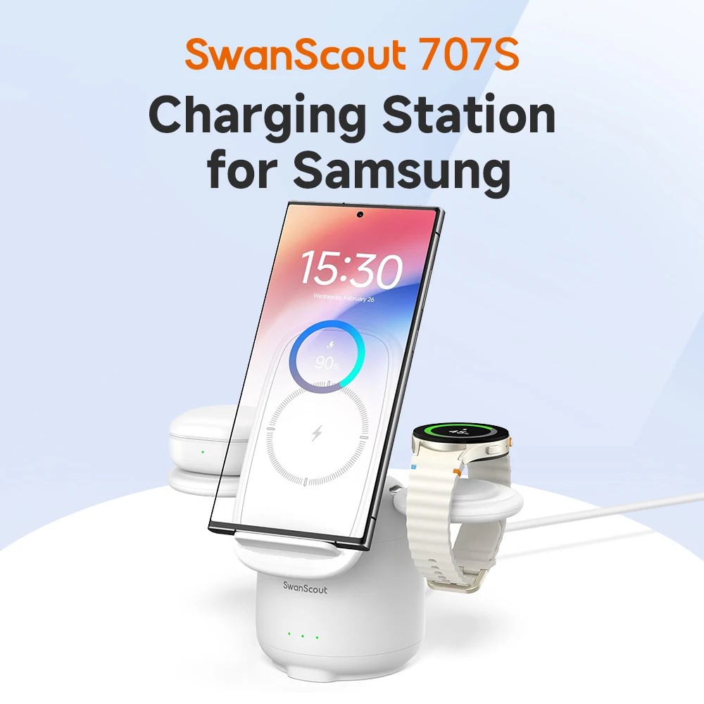 SwanScout 707S Charging Station for Samsung S24 S23 S22 Z Flip Z Fold Charger for Galaxy Watch Ultra 7 6 5 for Galaxy Buds 3 Pro