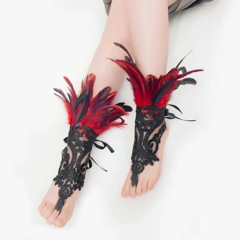 

Creative Wristband Halloween Feather Gloves Retro Embroidery Feather Lace Glove Dark Gothic Women Halloween Cuffs Festival