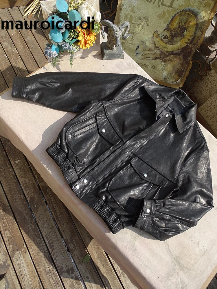 Mauroicardi Spring Autumn Cool Handsome Distressed Black Pu Leather Jacket Men Pockets Luxury Designer Vintage Clothes 2024