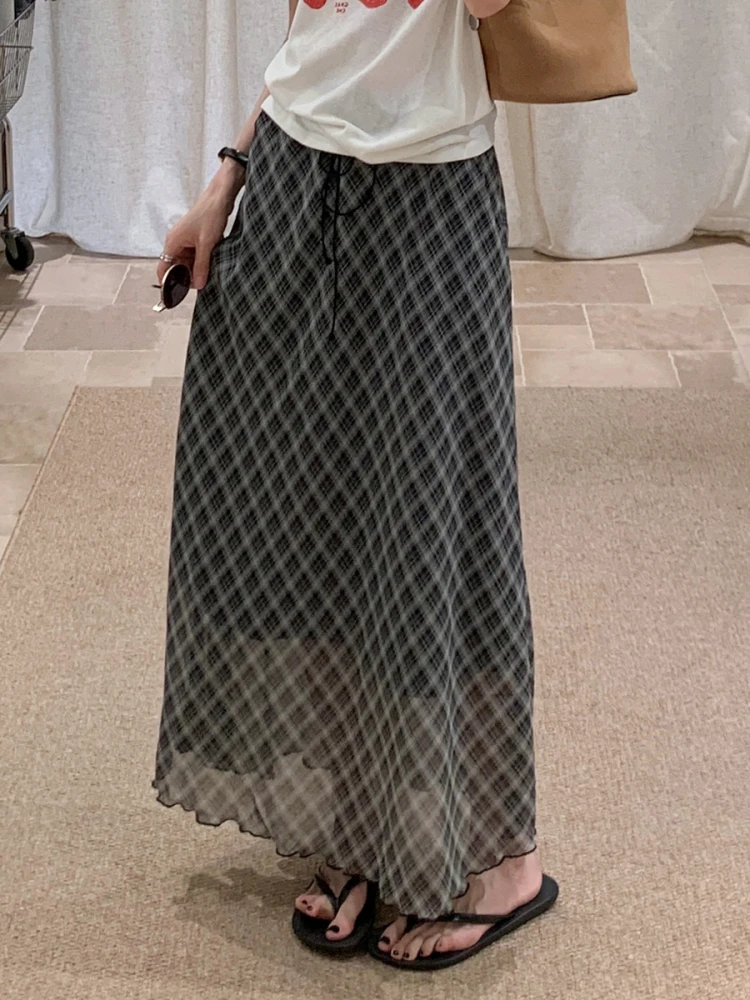 

BRIVIN Retro Plaid Skirt with Wood ain Elastic Waist for Women Summer New Sle ay A-Line Skirt Casual Wear