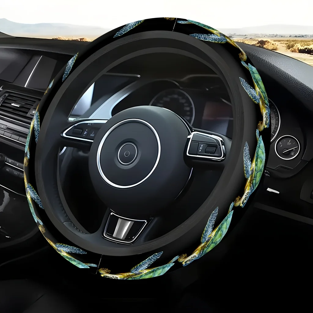 This Title Retains) A Car Steering Wheel Cover Featuring A Theme Of Five Swimming Turtles, Washable And Easy To Clean, Easy To I