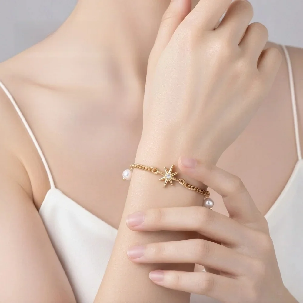 Non Tarnish Gold plate Bracelet Gold Plated Stackable for Women, Thin Herringbone Chain pearl star Jewelry Gift