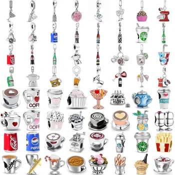Nowy 925 Sterling Silver filiżanka kawy urodziny tort butelka wisiorek koralik Fit oryginalna europejska bransoletka Charms biżuteria akcesoria