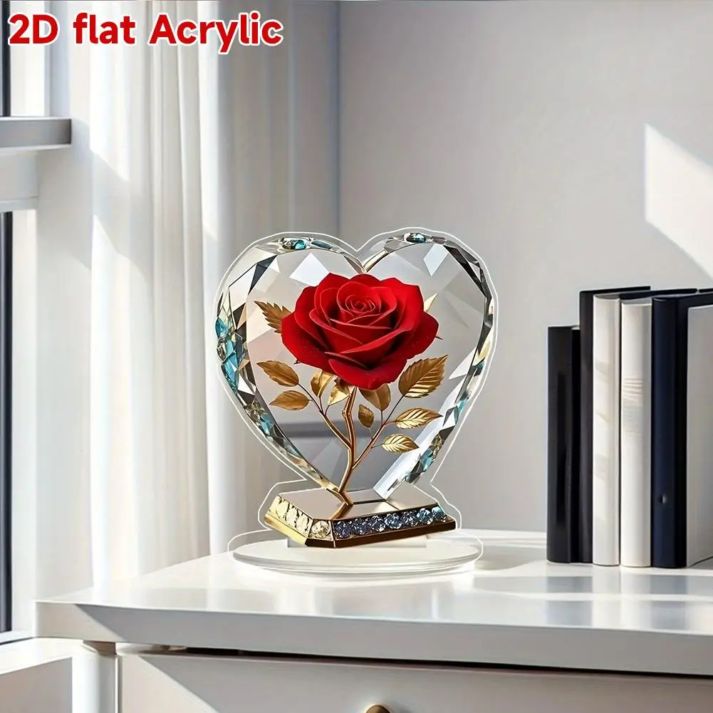 2d Heart-Shaped Acrylic Ornament With Red Roses And Gold Accents Dazzling Never Fading Elegant Desktop Decora For Home Or O D4O2