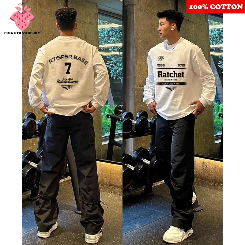 

American style White Long sleeve T-shirt Men 2025 New 100% Cotton Letter Print Loose Street Gym Workout Shirt Top men clothing