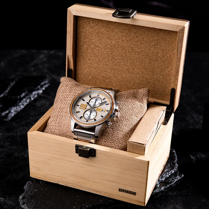 Watch for Men BOBO BIRD 45mm Wooden Luxury SEIKO VD51 Quartz Chronograph Wrist Watches Business Wristwatch relogio masculino New