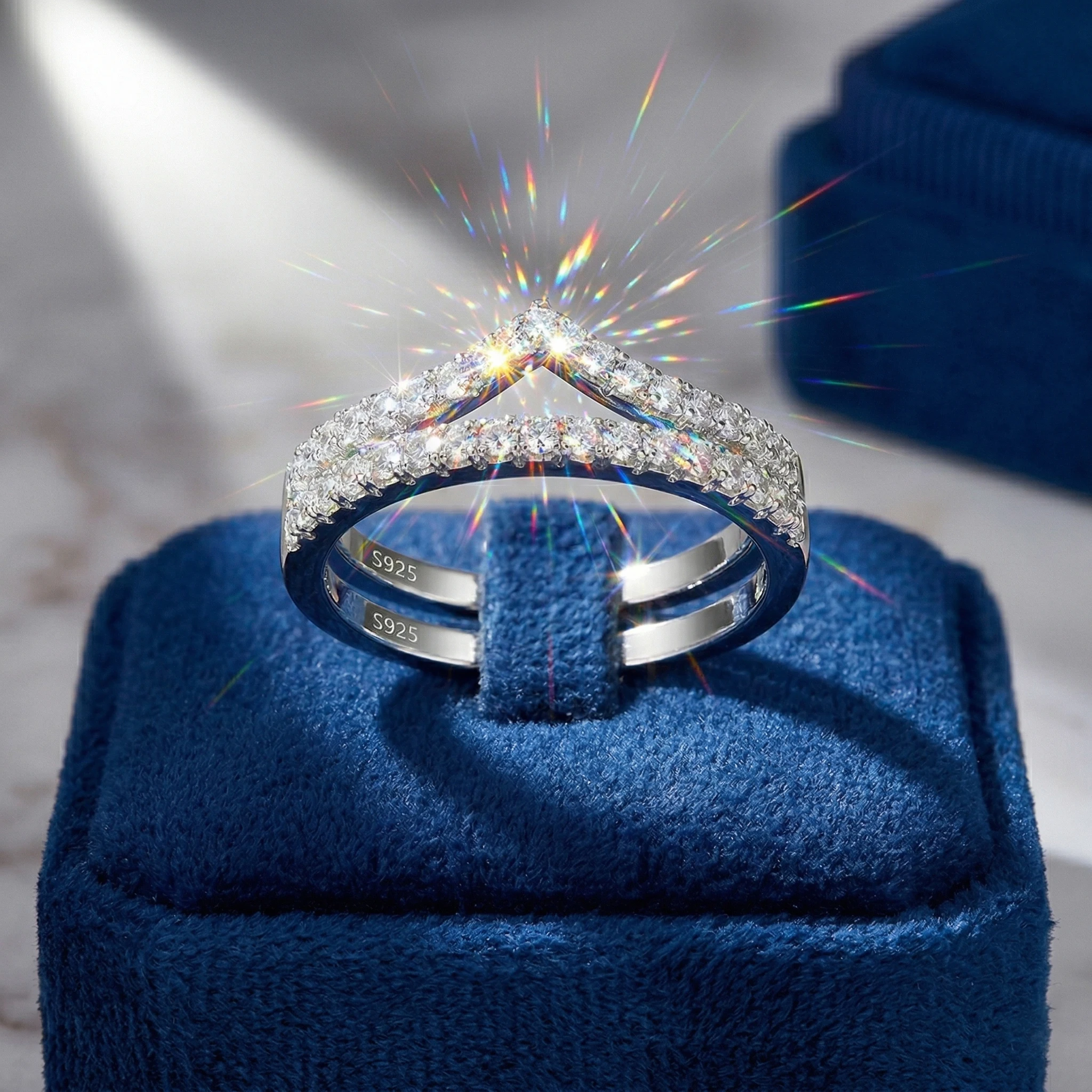 

V-Shape Double Row Moissanite Ring, D Color VVS1, 925 Sterling Silver, Pave Setting, Stackable Unisex Ring, Certificate Quality