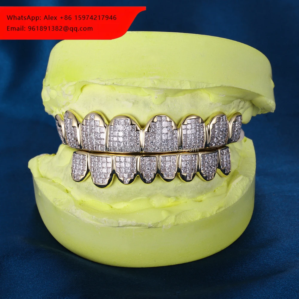 

Custom Invisible Settings Top & Bottom 4 6 8 10 VVS Princess Cut Moissanite Diamond S925 Silver 10K Solid Gold Grillz For Teeth