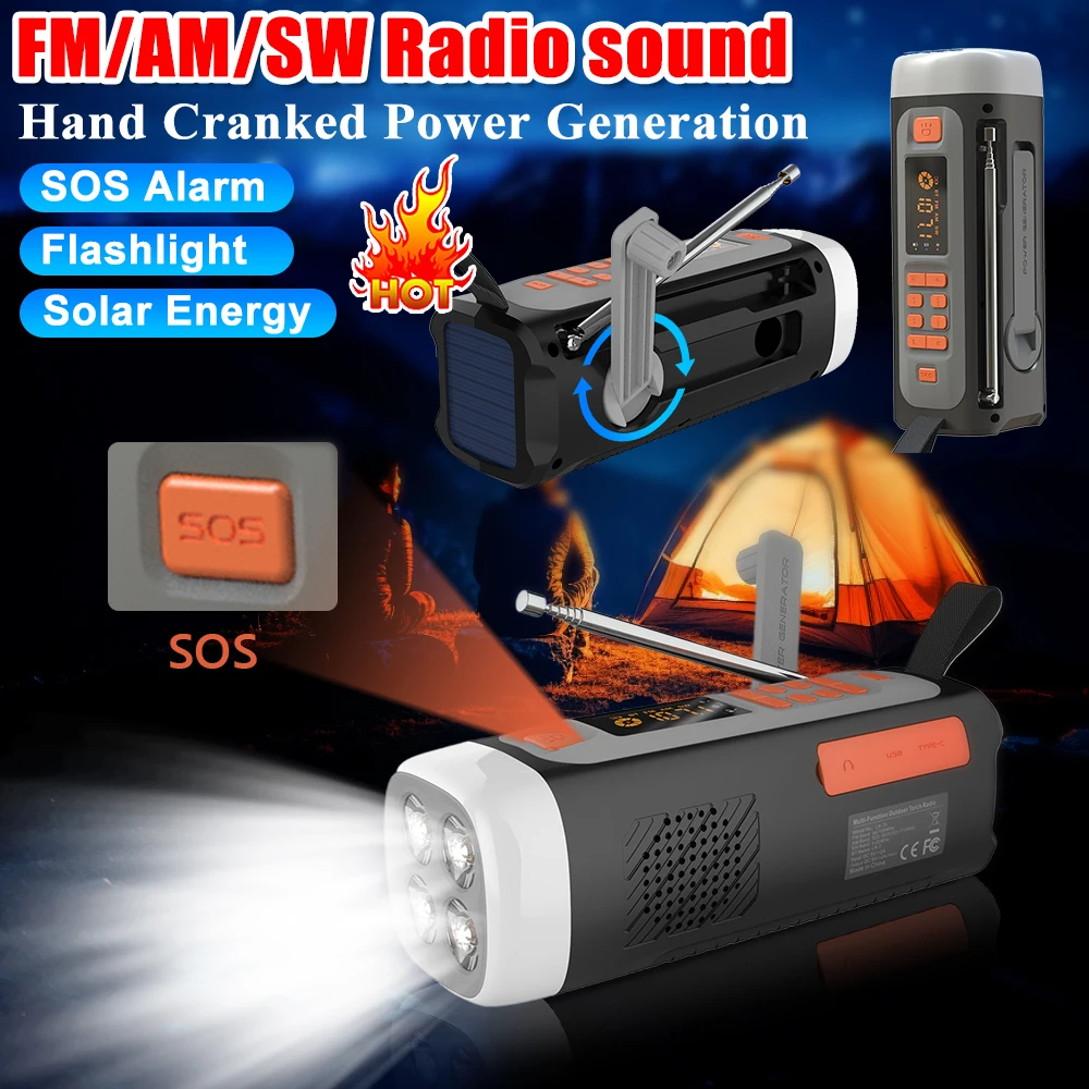 4500mAh Emergency AM/FM/SW Radio Bluetooth-Compatible Speaker USB C/Solar/Hand Crank Charging Wind Up Radio for Outdoor Survival