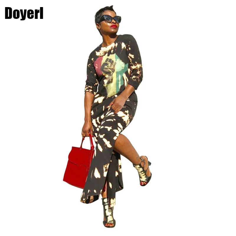 Fashion Punk Rock Style Gothic Dress Women Autumn Long Sleeve Printed Thigh Split Maxi Dress Lady Streetwear Long Casual Dresses