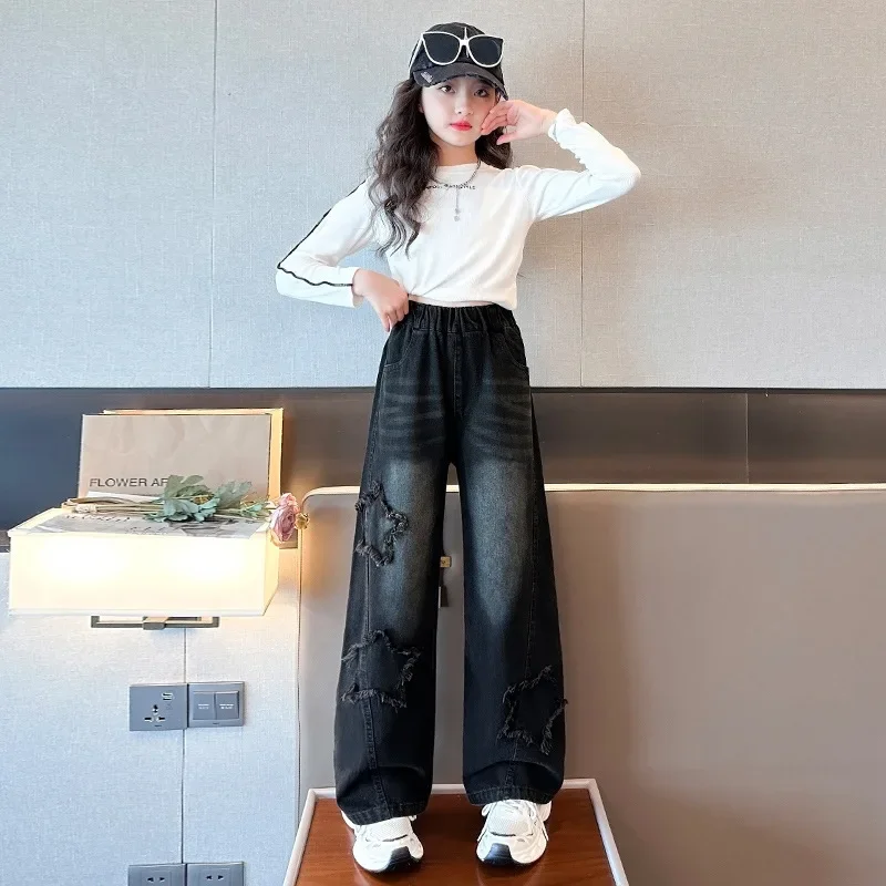 Women's Middle School Children's Loose Straight-leg Pants, Five-pointed Star Jeans, Spring and Autumn Children's Pants