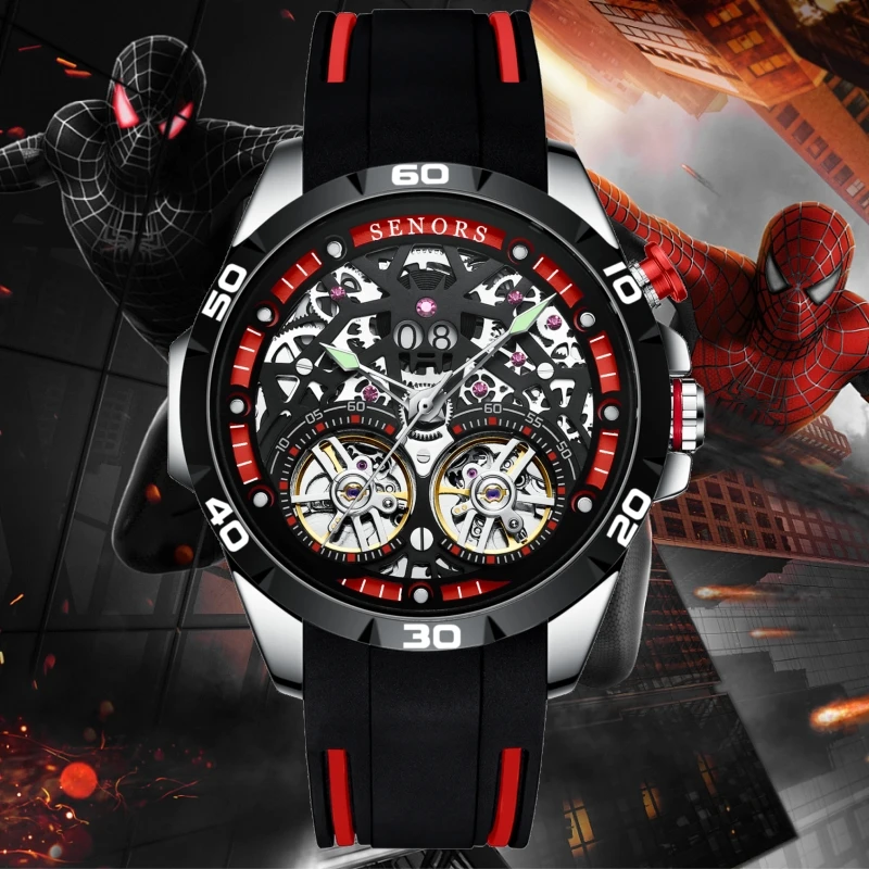 SENORS SN202 Men`s Watch Automatic Mechanical Watches Men Skeleton Double Tourbillon Sapphire Glass Clock Hollow Wristwatch 3ATM