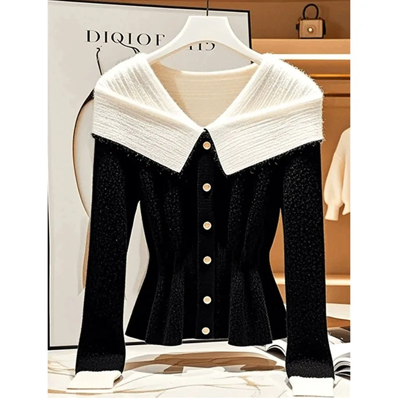 Outono inverno contraste camisola de malha feminina usar xale manto curto tricô camisola feminina casual jumper malhas camisola