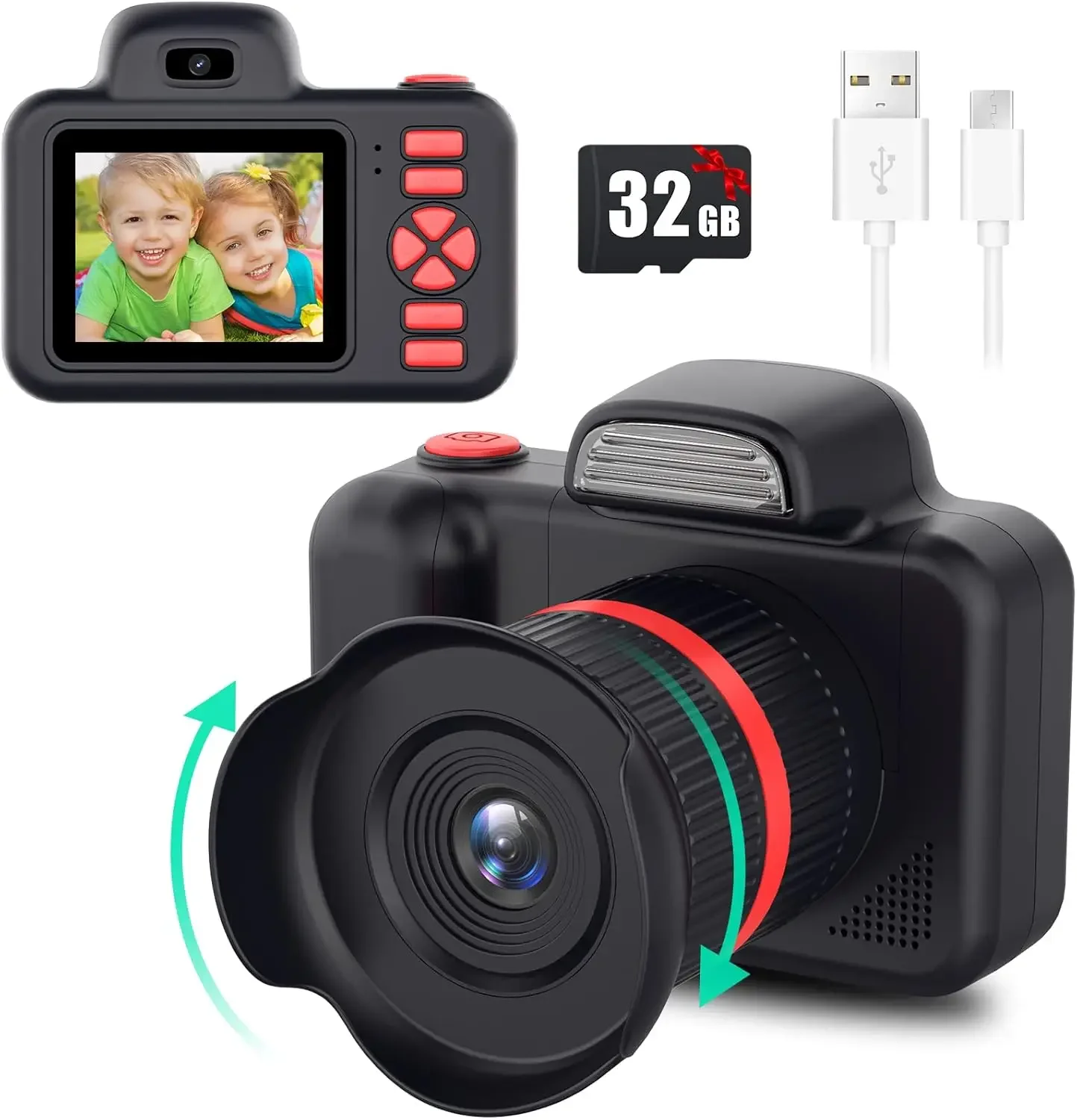 Fotocamera Digitale per Bambini con Obiettivo Lungo Zoom Mini Fotocamera Giocattolo con Flash 1080P Schermo da 2.0 Pollici Regalo di Compleanno e Festività per Bambini
