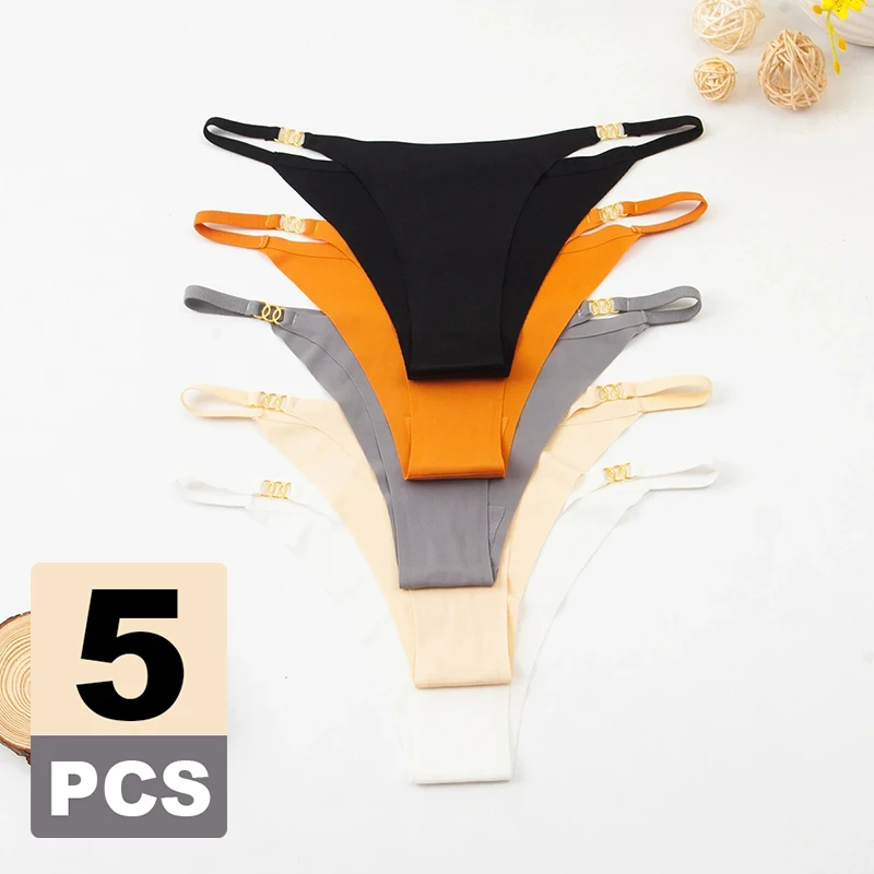 5pcs Lingeries Solid Color Metal Ring Decoration Thin Seamless Underpants Cool Summer Underwear Sexy Low Waisted Women Briefs
