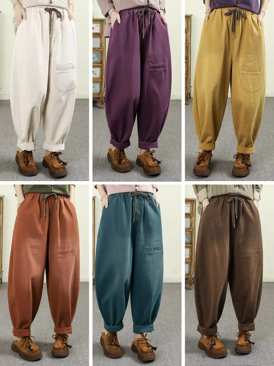 Retro Gesplitste Casual Denim Broek Vrouwen Losse plus Size Elastische Taille Belted Harlan Wortel Broek Herfst Nieuwe Sle Pure Kleur