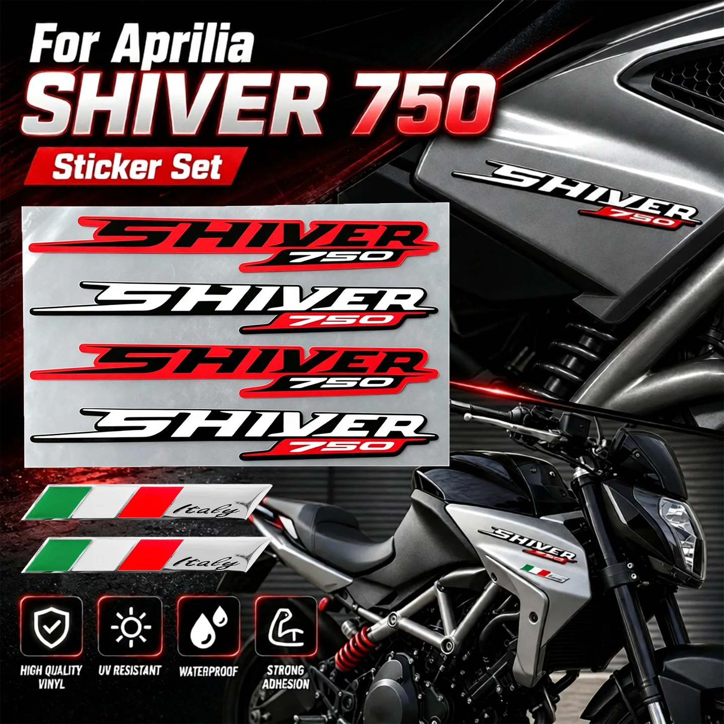 Für Aprilia Shiver 750 Reflektierende Vinyl-Aufkleber Italien-Flagge Aluminium-Aufkleber 3-teiliges Set Motorrad Moto Karosserie Kraftstofftank Zubehör
