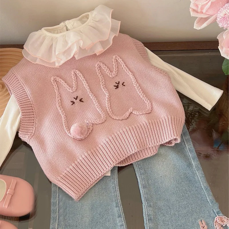 3pcs Kids Girls Spring Clothing Sets Pink Cartoon Print Knitting Vest+Ruched O-Neck Long Sleeve Bottom Shirt+Cute Flare Jeans